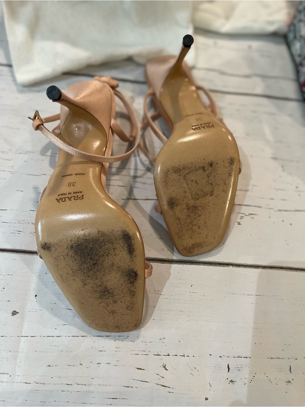 Prada Vintage Satin Floral Strappy Heels Blush Nude Size 38 Made in Italy - Picture 5 of 7